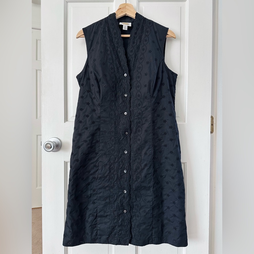 TALBOTS Petites Black Eyelet Sleeveless Midi Button Up Shirt Dress Size 12